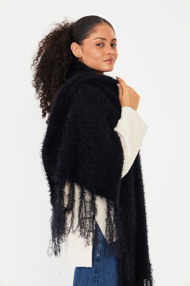 Siyah Yumuşak Dokulu Sakallı Püskül Detaylı Atkı,Şal