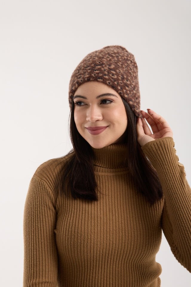 Kahve Leopar Desenli Peluş Katlamalı Bere