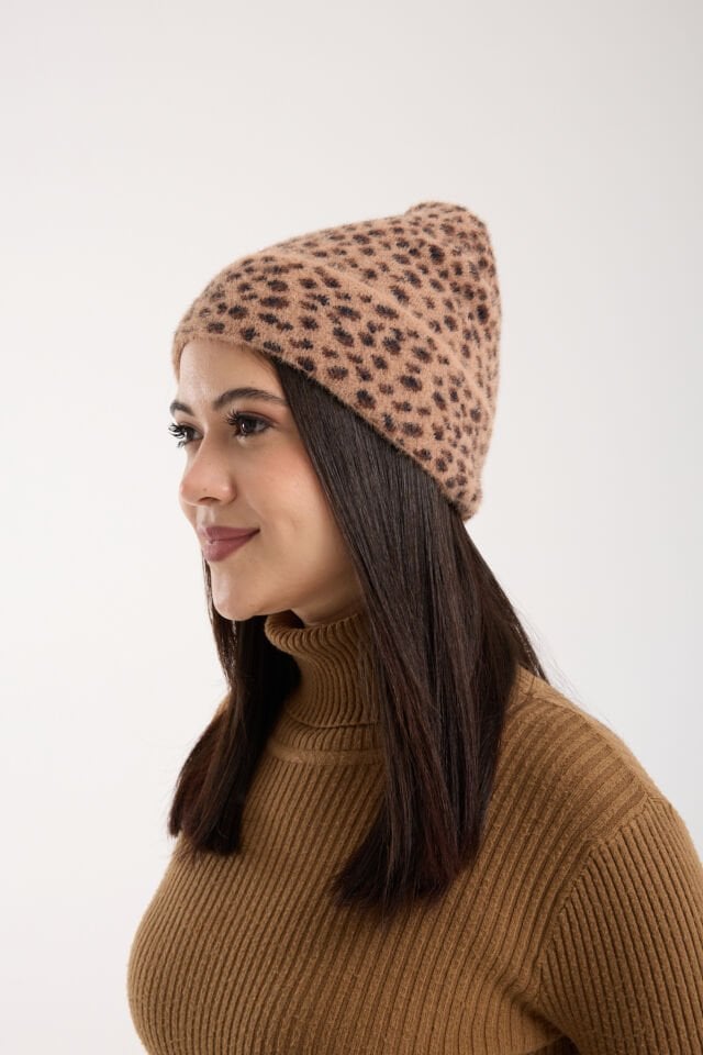 Bej Leopar Desenli Peluş Katlamalı Bere