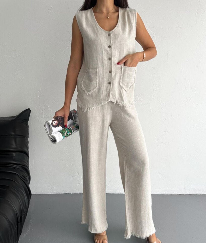 Püskül Detaylı Keten Yelek & Pantolon Takım
