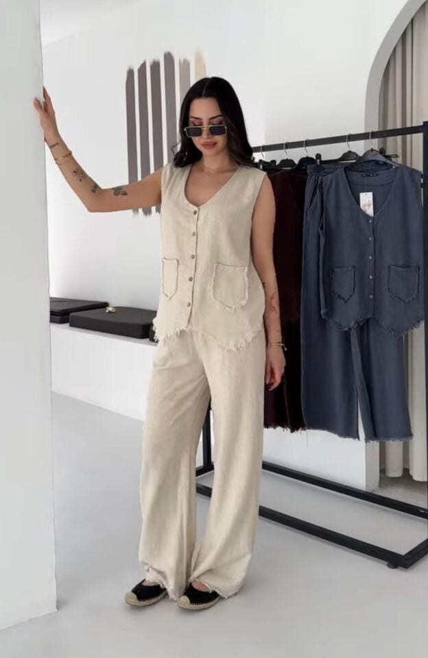 Püskül Detaylı Keten Yelek & Pantolon Takım