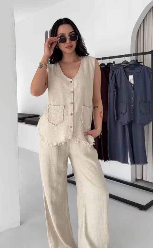 Püskül Detaylı Keten Yelek & Pantolon Takım