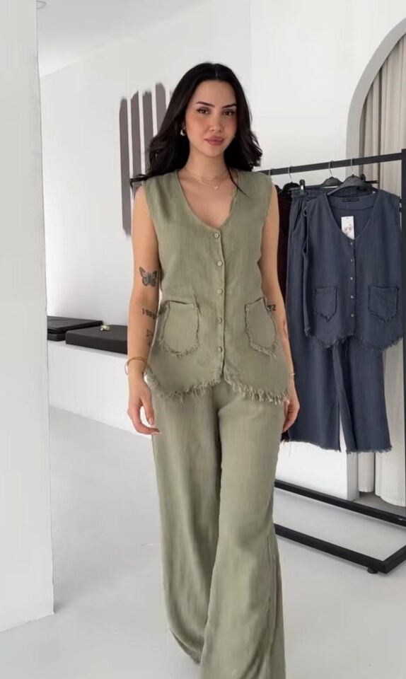 Püskül Detaylı Keten Yelek & Pantolon Takım