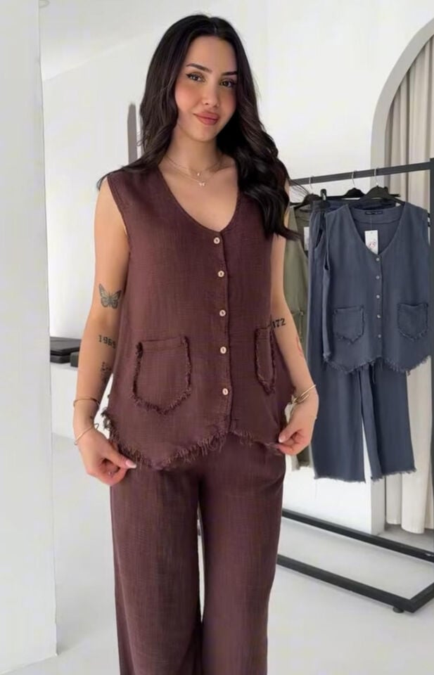 Püskül Detaylı Keten Yelek & Pantolon Takım