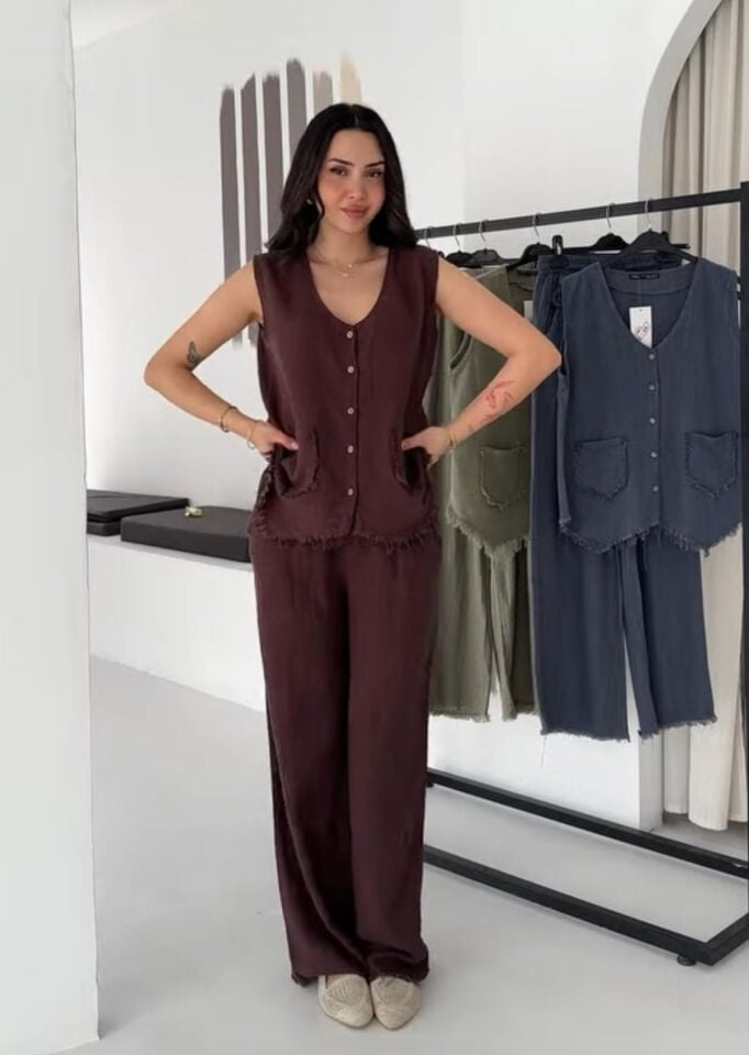 Püskül Detaylı Keten Yelek & Pantolon Takım