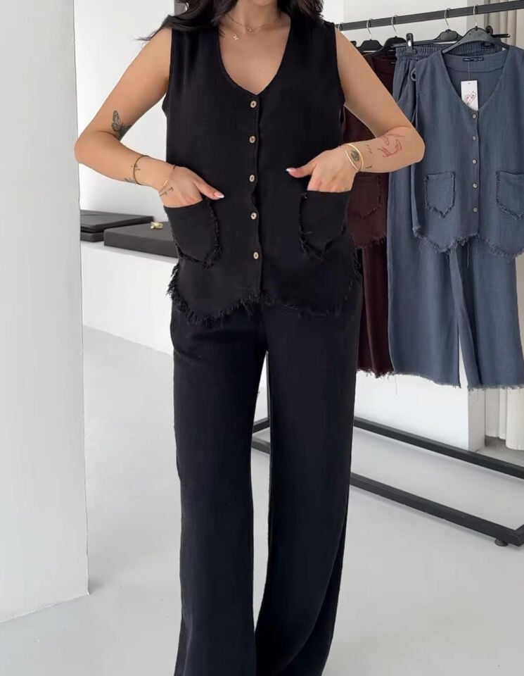 Püskül Detaylı Keten Yelek & Pantolon Takım