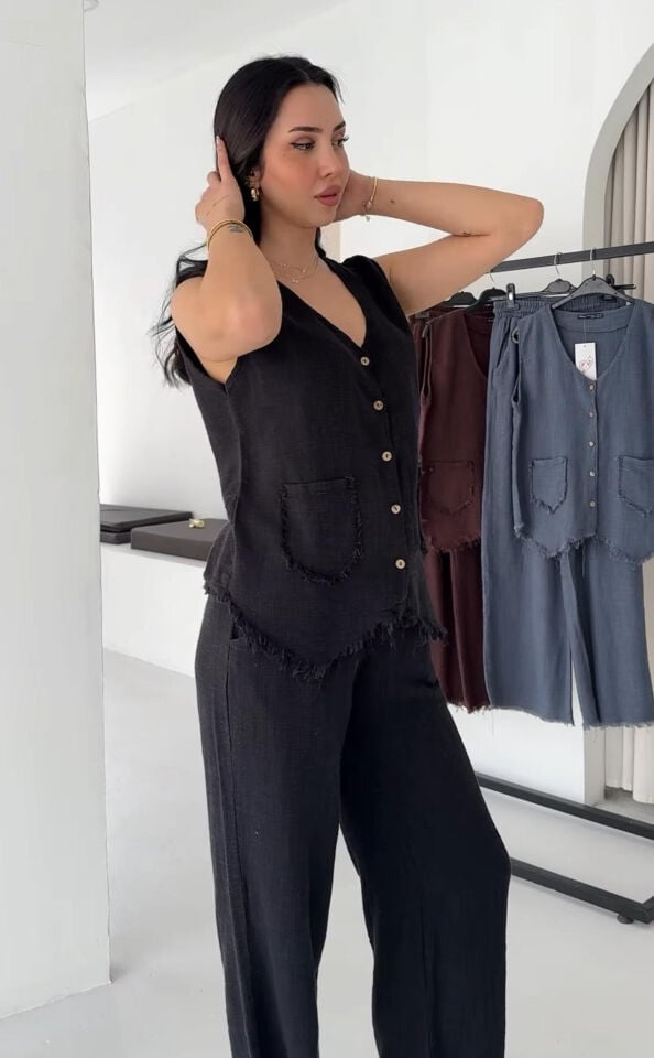 Püskül Detaylı Keten Yelek & Pantolon Takım