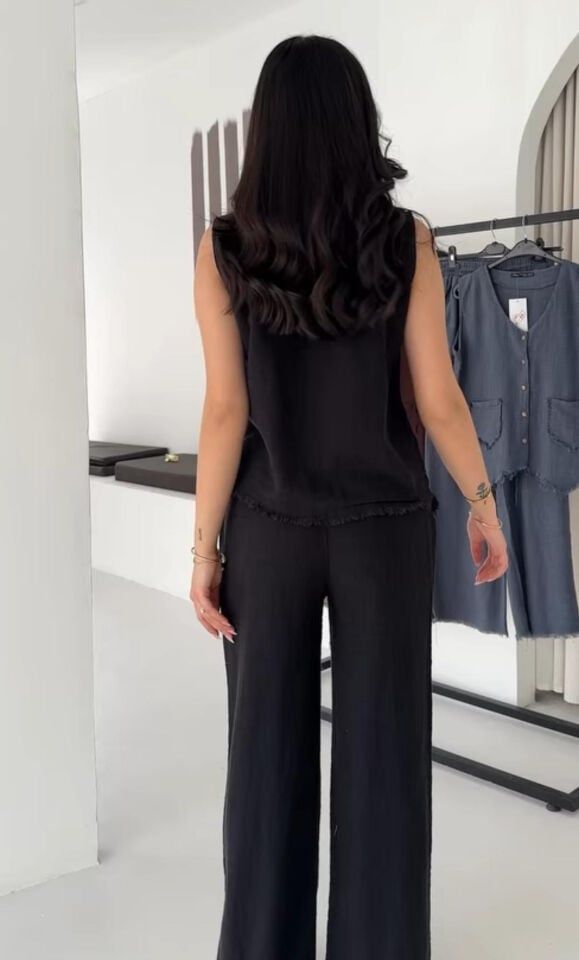 Püskül Detaylı Keten Yelek & Pantolon Takım