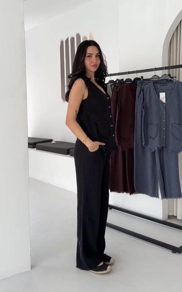 Püskül Detaylı Keten Yelek & Pantolon Takım